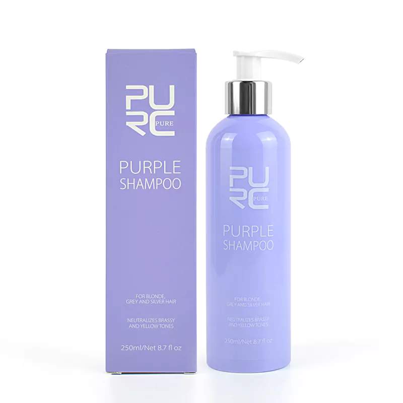 PURC purple shampoo bottle with pump and matching retail paper packaging box