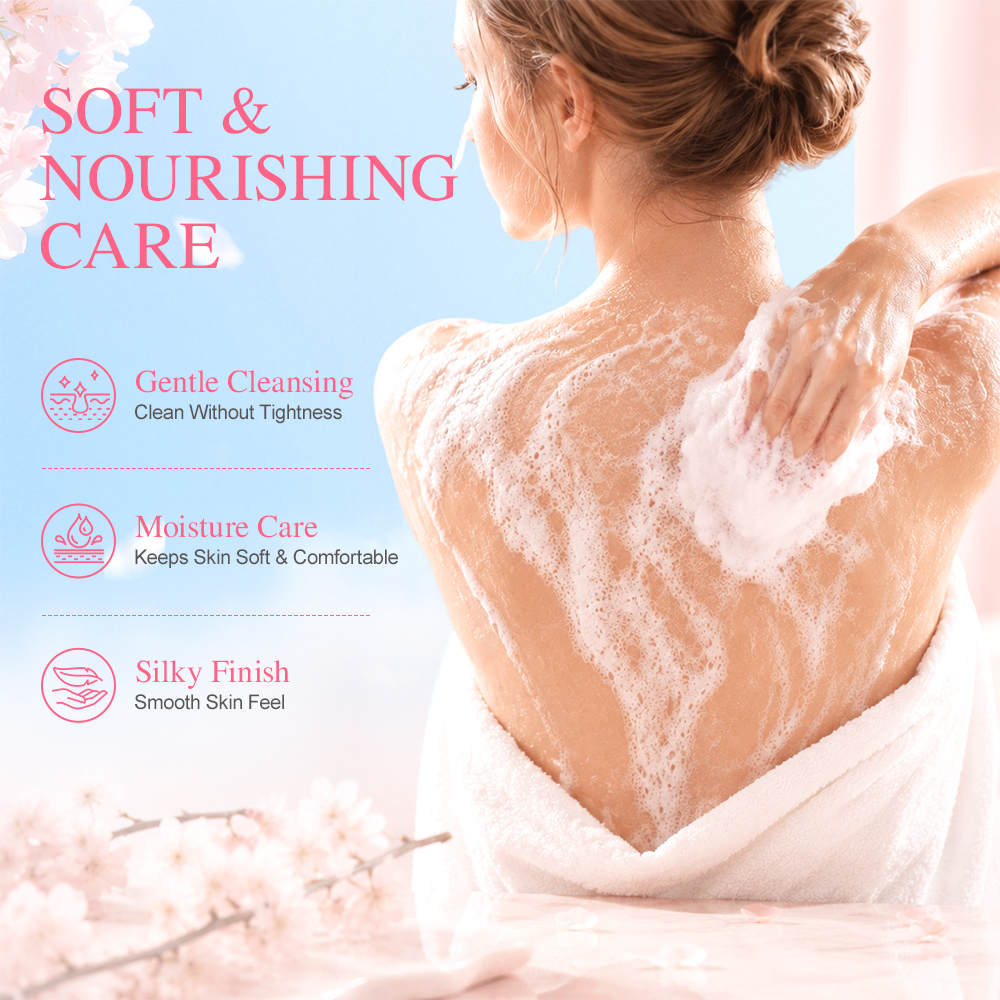 Woman using foaming body wash for gentle cleansing and moisture care