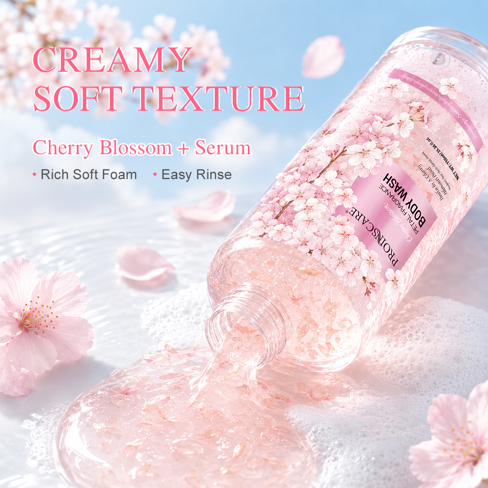 Cherry blossom body wash gel texture with cherry blossom petals and foam