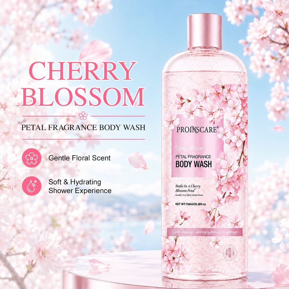 Cherry blossom fragrance body wash shower gel in a pink bottle for private label body care