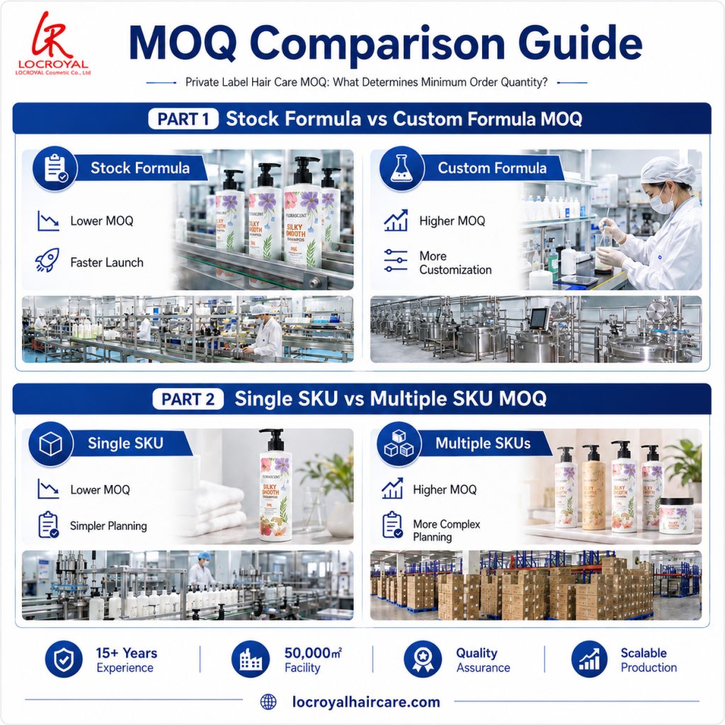 MOQ comparison guide for private label hair care stock and custom formulas with single and multiple SKU quantities