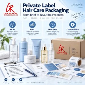 LocRoyal private label hair care packaging display with bottles, labels and a brief covering MOQ, cost, lead time and compatibility