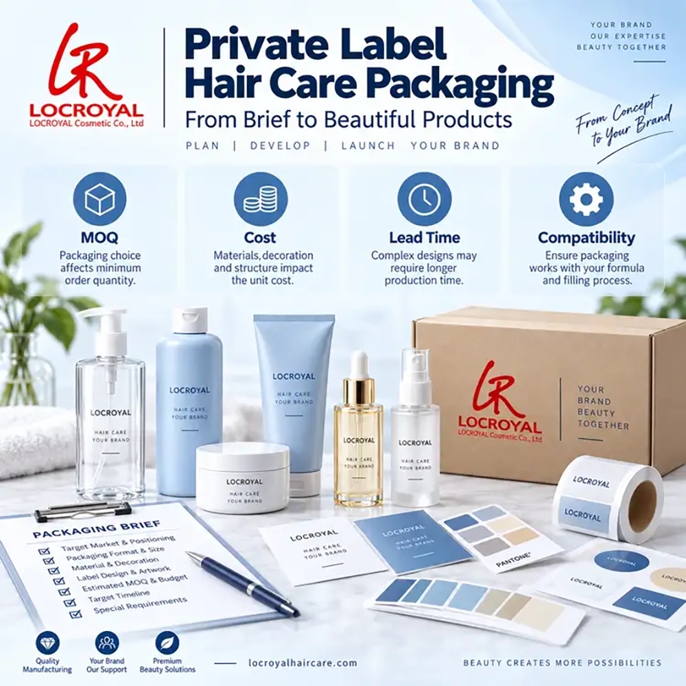 LocRoyal private label hair care packaging display with bottles, labels and a brief covering MOQ, cost, lead time and compatibility