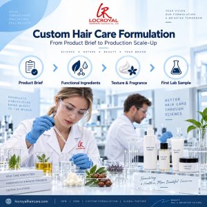 LocRoyal custom hair care formulation infographic showing the product brief, functional ingredients, texture and fragrance, and first lab sample