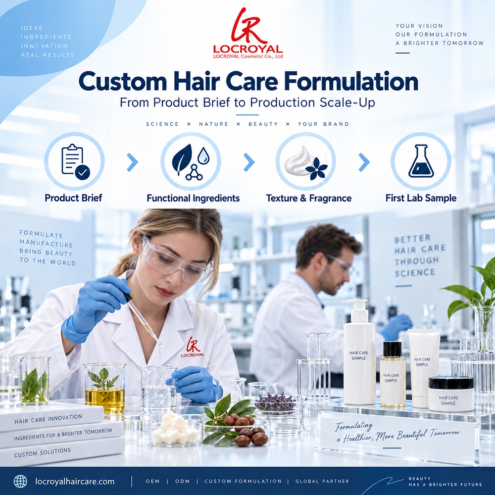 LocRoyal custom hair care formulation infographic showing the product brief, functional ingredients, texture and fragrance, and first lab sample