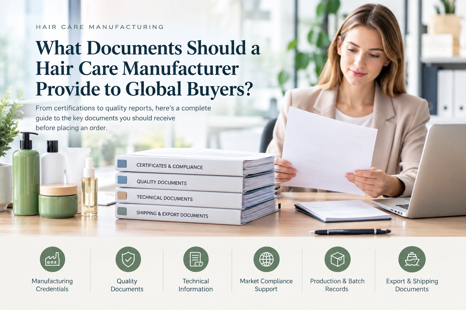 Global buyer reviewing hair care manufacturing compliance and quality documents