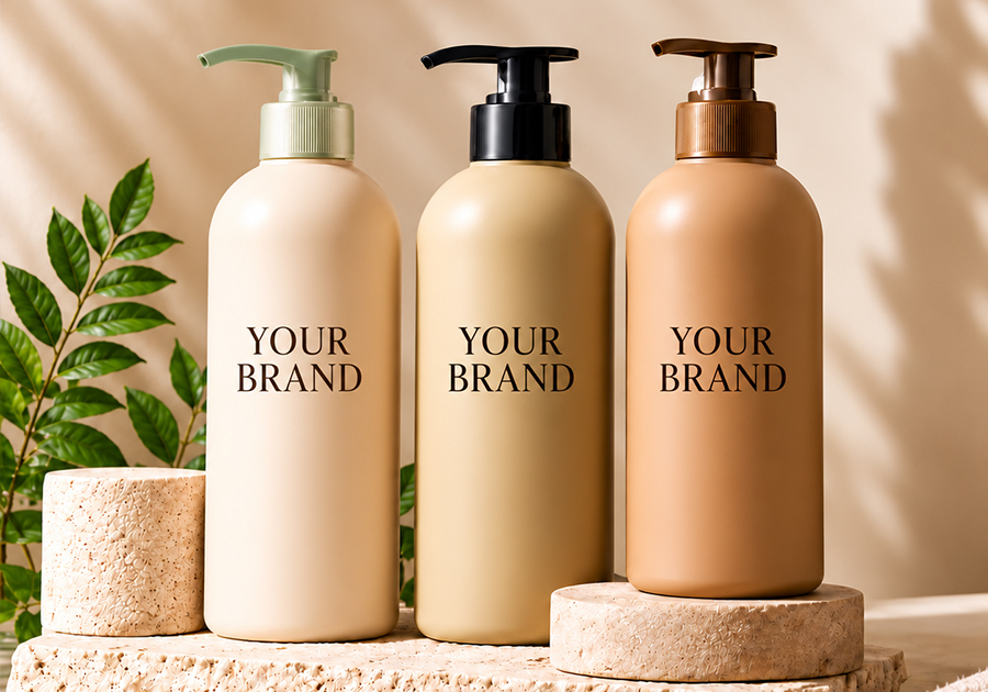 Three hair care pump bottles with different finishes and YOUR BRAND labels