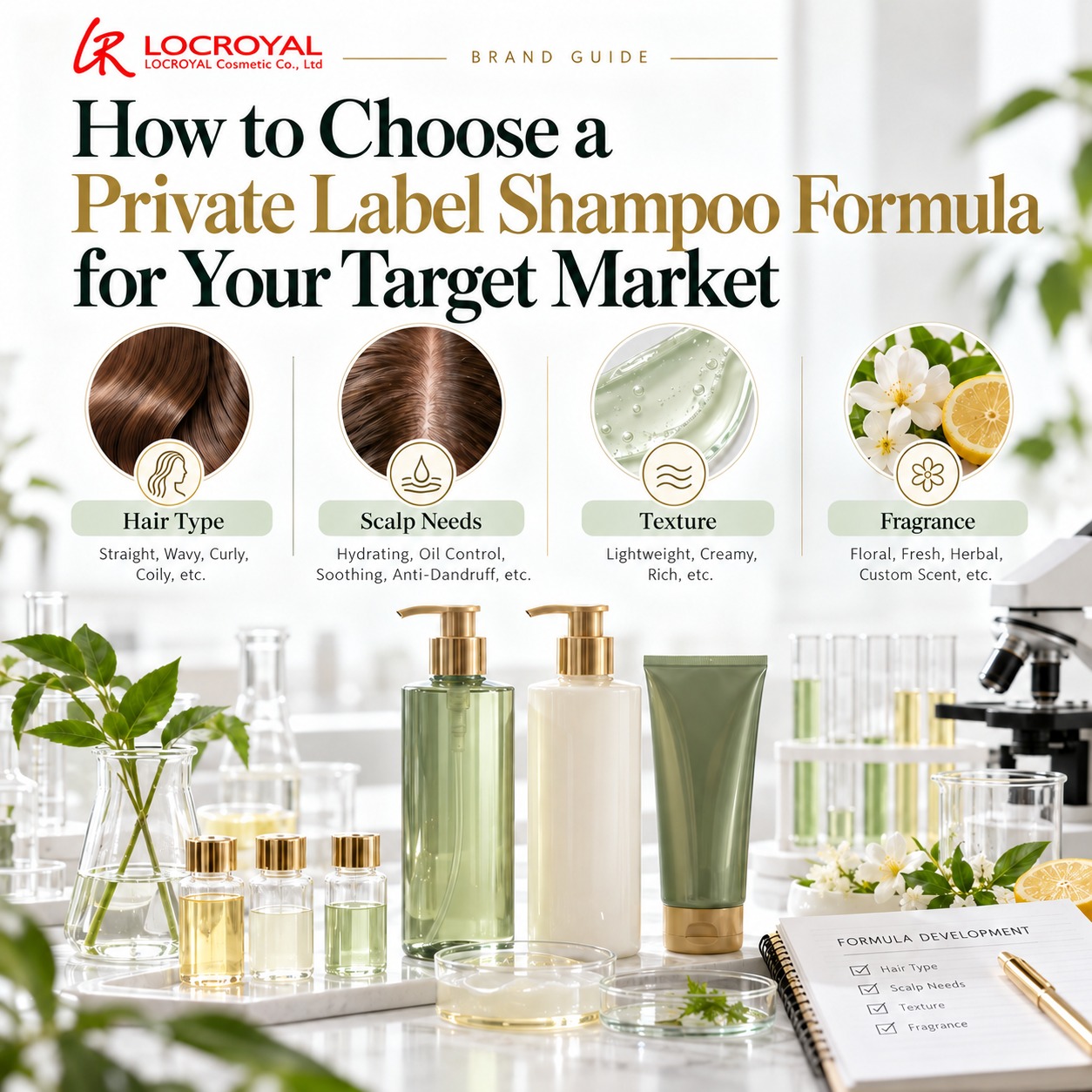 Private label shampoo formula guide showing hair type, scalp needs, texture and fragrance options