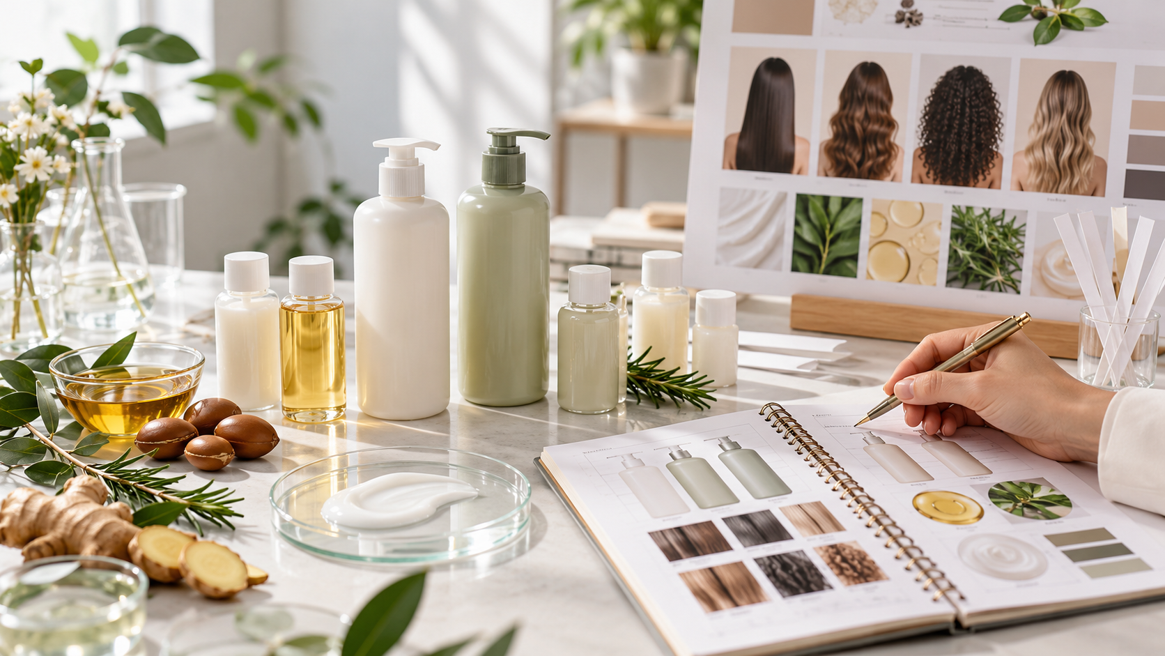 Shampoo samples and ingredients beside a product planning notebook and hair-type reference board