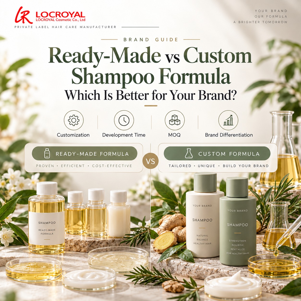 Ready-made versus custom shampoo formula comparison covering customization, development time, MOQ and brand differentiation