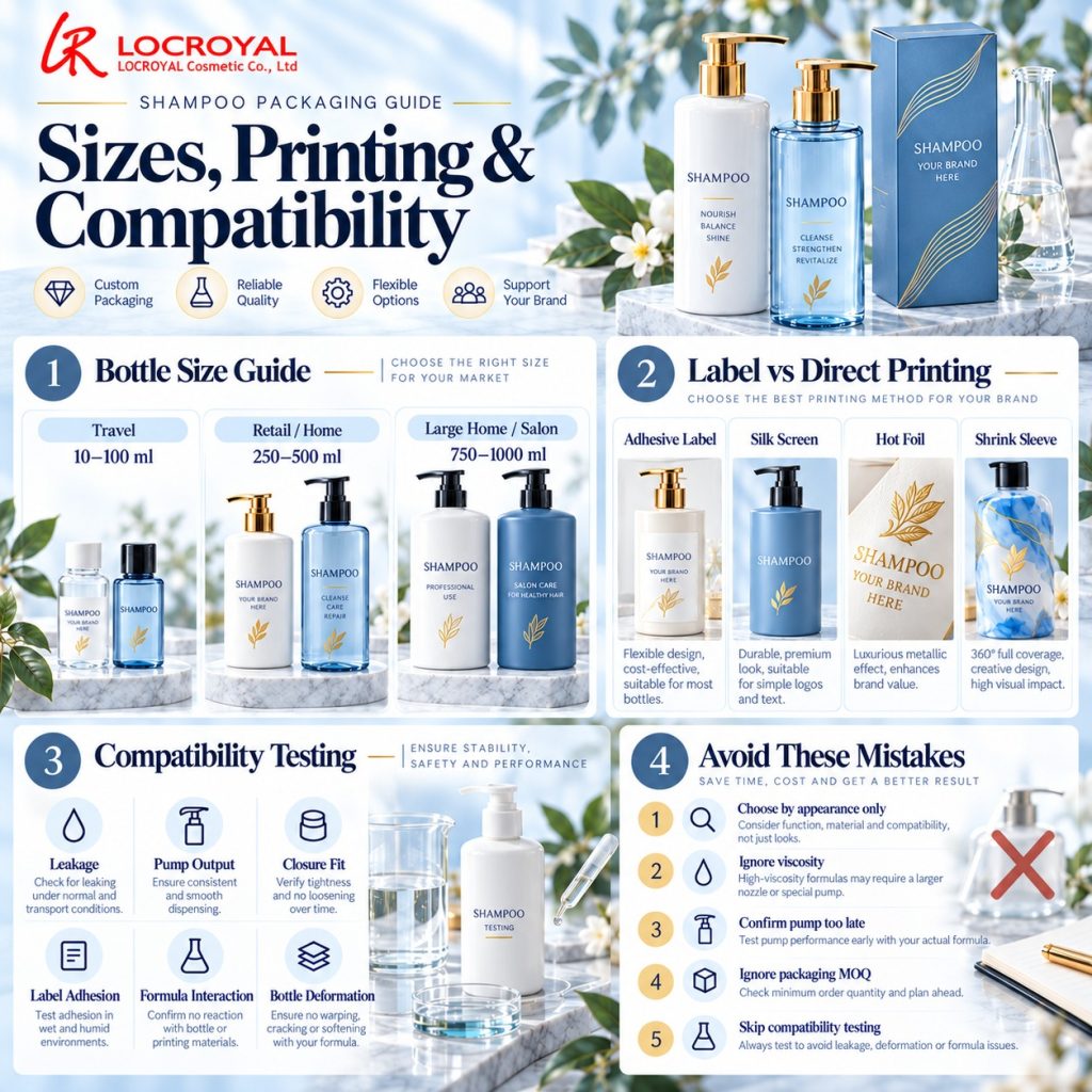 Shampoo packaging infographic comparing bottle sizes, printing methods and compatibility checks