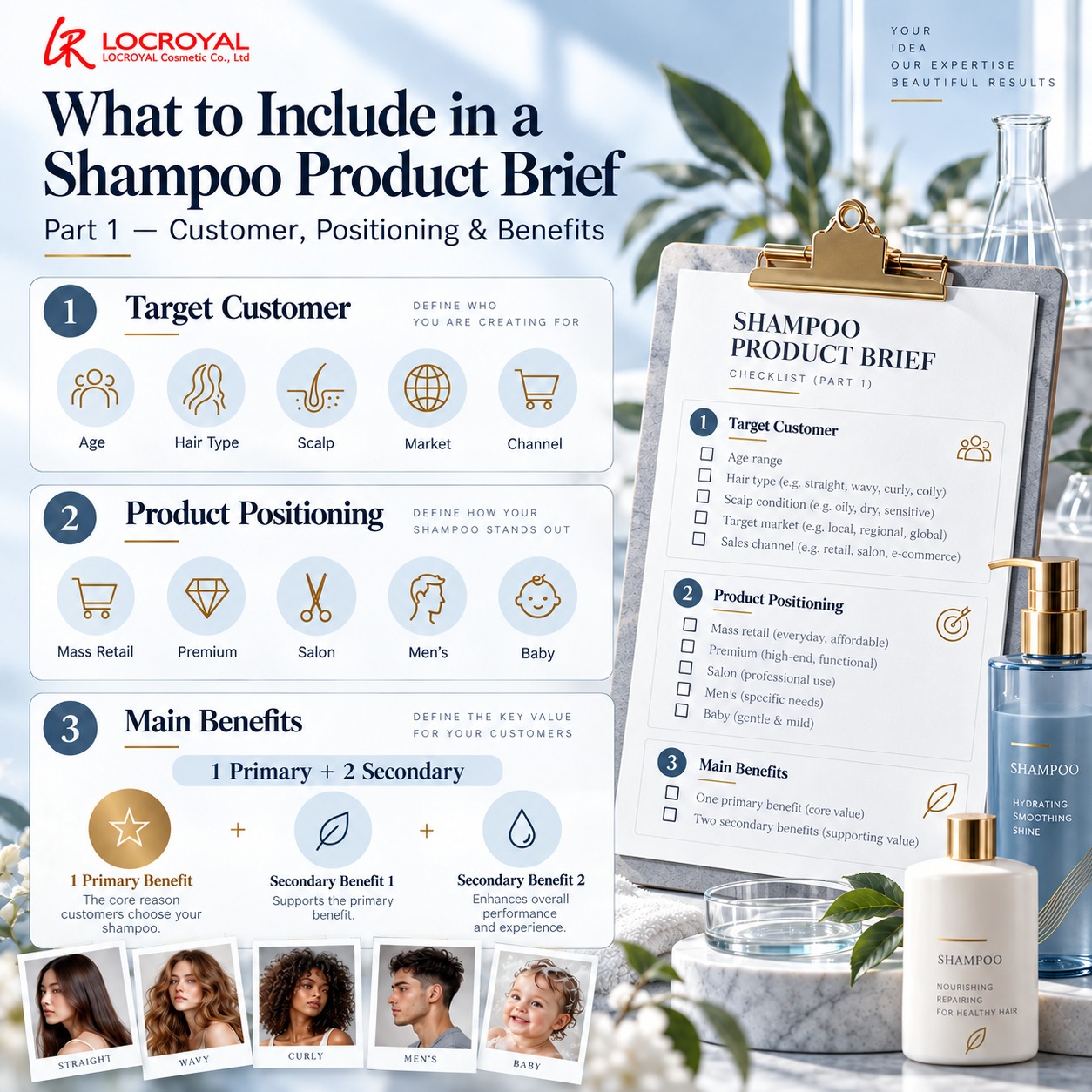 Shampoo product brief infographic covering target customer, product positioning and main benefits